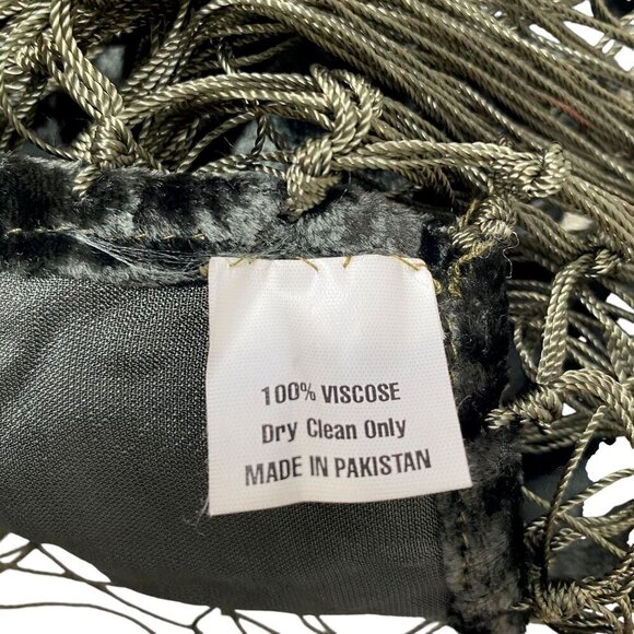 Embroidered Green Velvet Topper Shawl 56" Square w/ Fringe Luxury Tablecloth - Picture 11 of 12